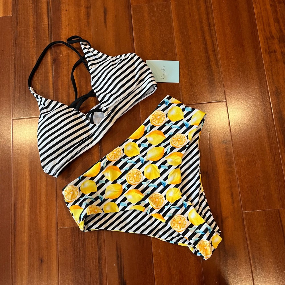 Cupshe Lemon Stripe Bikini Swim Set High Waisted Black White Yellow New Small